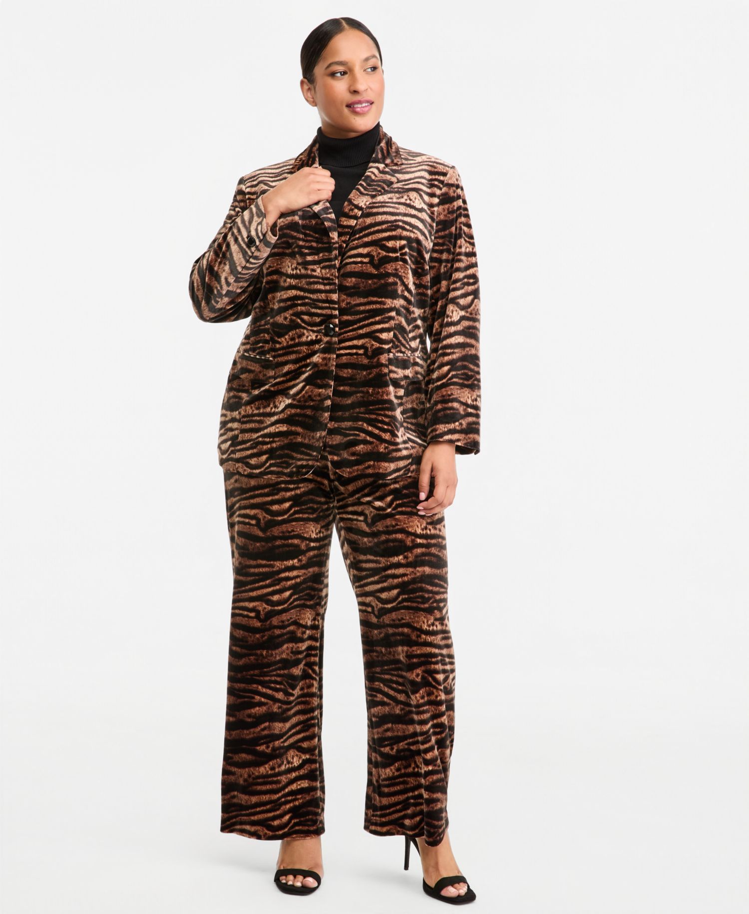 Plus Size Velvet Animal-Print Notch-Collar Blazer