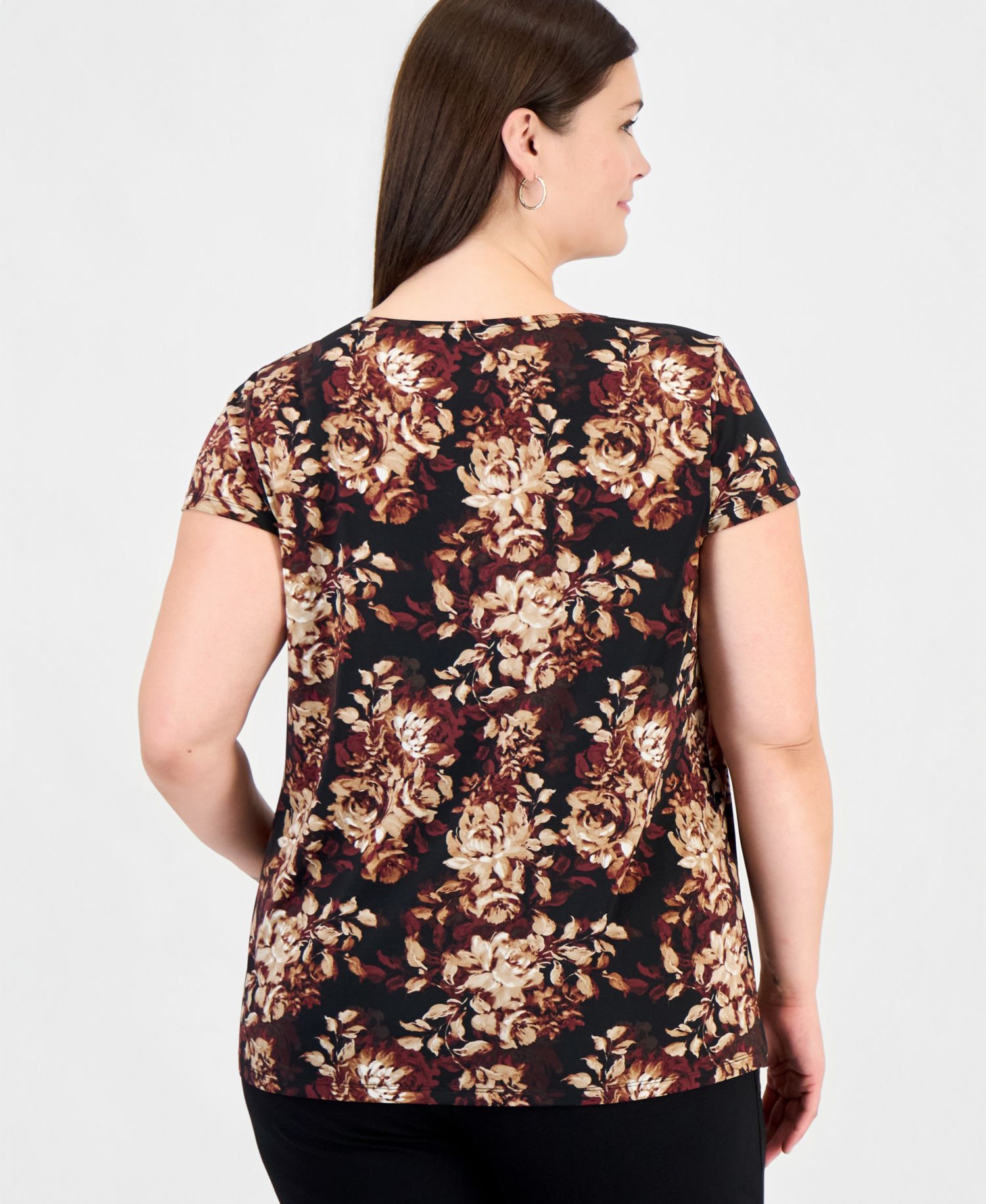 Women's Plus Size Cap Sleeve Floral Pleat Neck Blouse