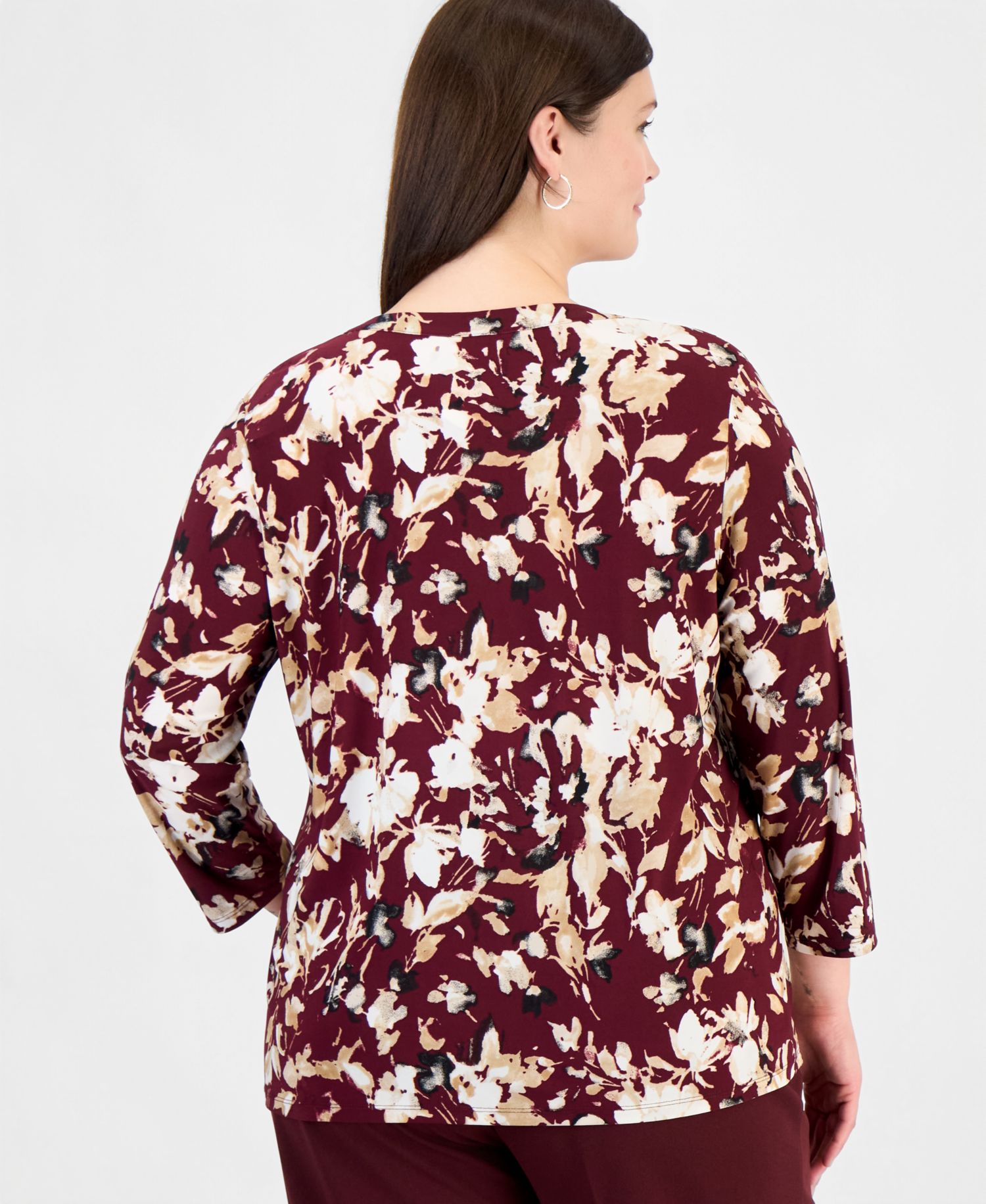 Plus Size Cap-Sleeve Pleat-Neck Floral Blouse