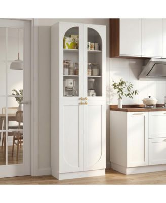 80" Tall Kitchen Pantry Arch Storage Cabinet with Tempered Glass Doors