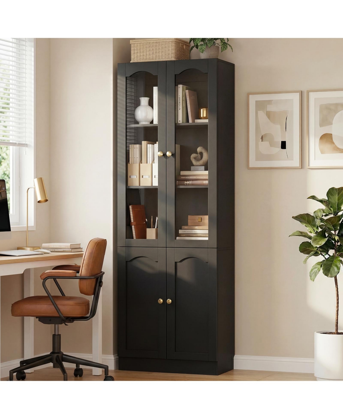 Aheaplus 80" Pantry Cabinet with Glass Door and Shelves, Kitchen Storage Cabinet