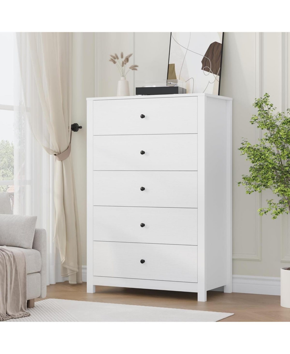 gaomon Modern 5 Drawer Wooden Dresser Chest, Tall Cabinet with Deep Storage Drawers, Metal Knobs, Versatile for Bedroom