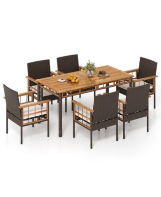 Set of 7 PE Wicker Patio Dining Set with  Umbrella Hole Cushions for Deck Garden