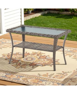 Outdoor Coffee Table with Storage Wicker Patio Coffee Table, Tempered Glass Top Coffee Table for Patio Outside Balcony Porch Deck