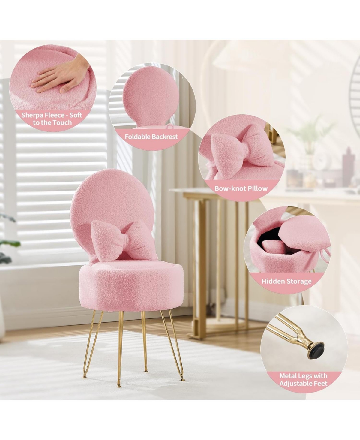 homfan Vanity Stool Chair with Pillow, Foldable Backrest, Sherpa Fleece Makeup Hidden Storage and Metal Legs, Modern Accent