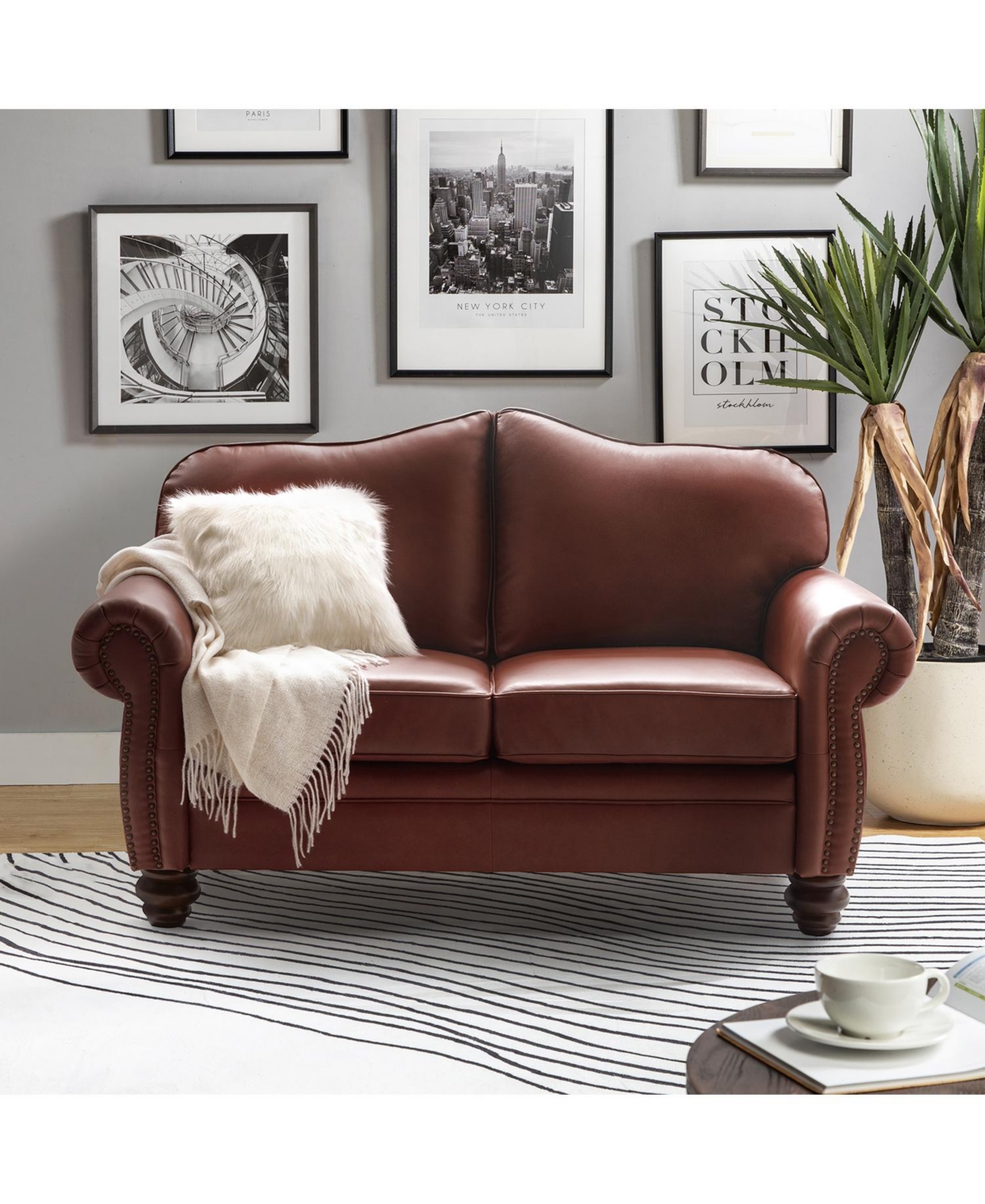 Hulala Home Ricardo 60" Wide Genuine Leather Sofa - Warm brown leather finish.