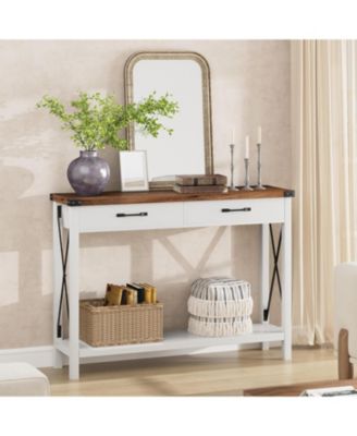 Industrial Console Table, 2-Tier Narrow Sofa Table with Drawers and Open Shelf