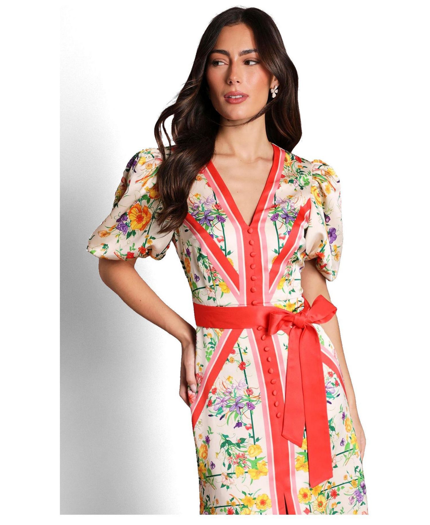 Women's Satin Scarf Print V-Neck Midi Dress