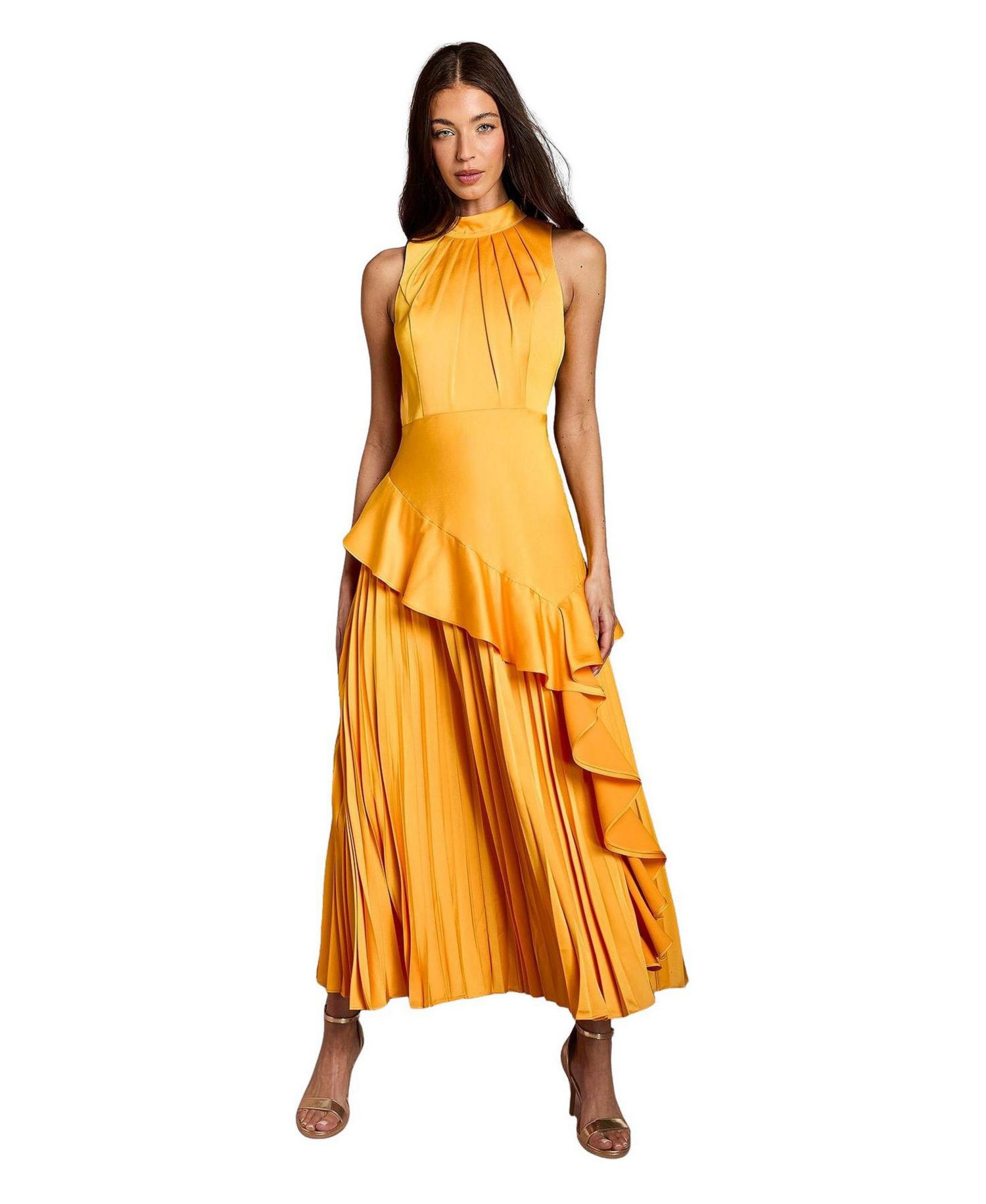 Women's Satin Crepe High-Neck Pleated Maxi Dress