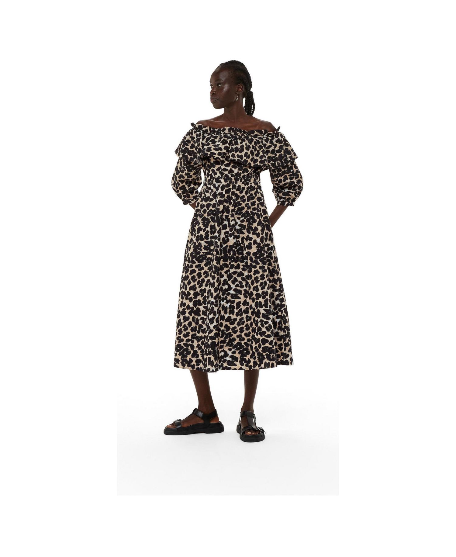 Women's Leopard Spot Bardot Midi Dress