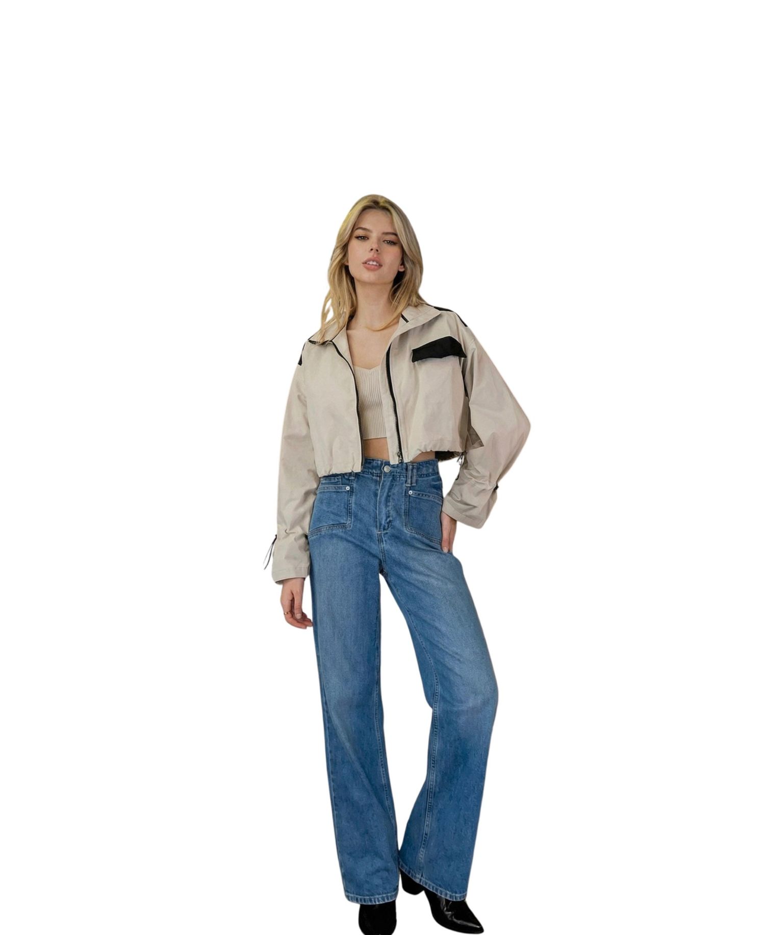 Women's Cropped Zip-Front Contrast-Pocket Jacket