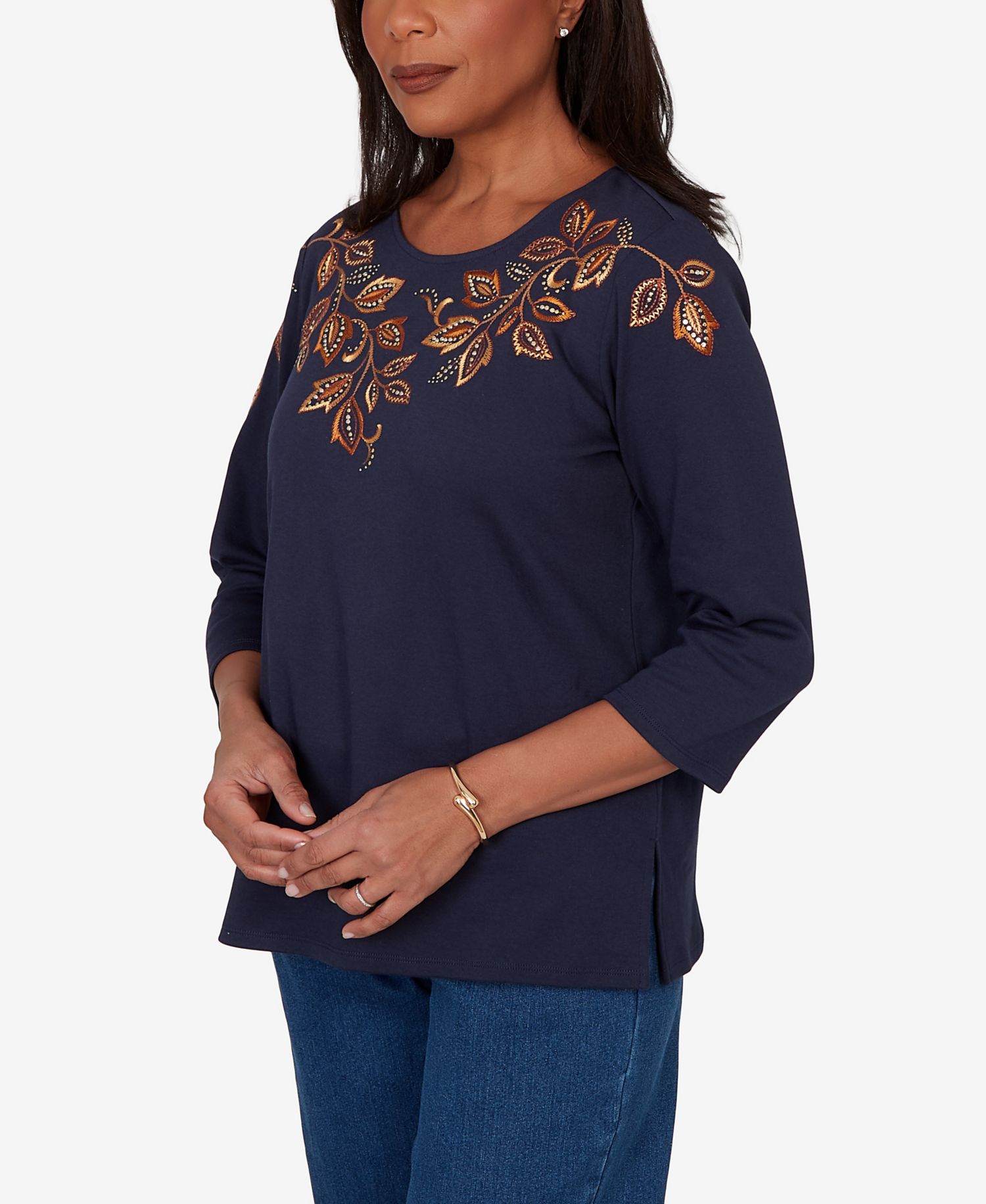 Petite Autumn Embroidered Navy Knit Top