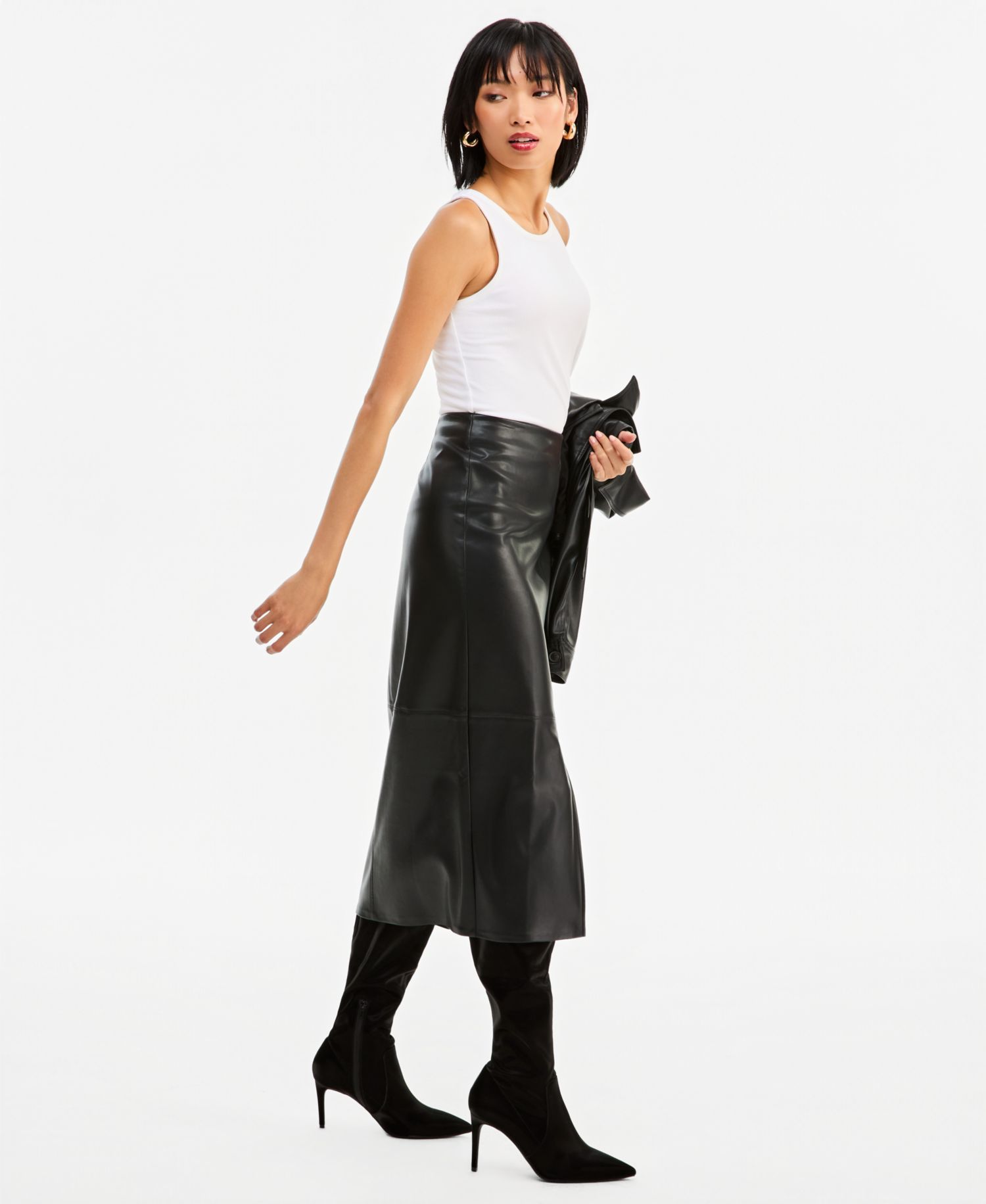 Women's High-Waisted Front Slit Faux-Leather Pencil Midi Skirt