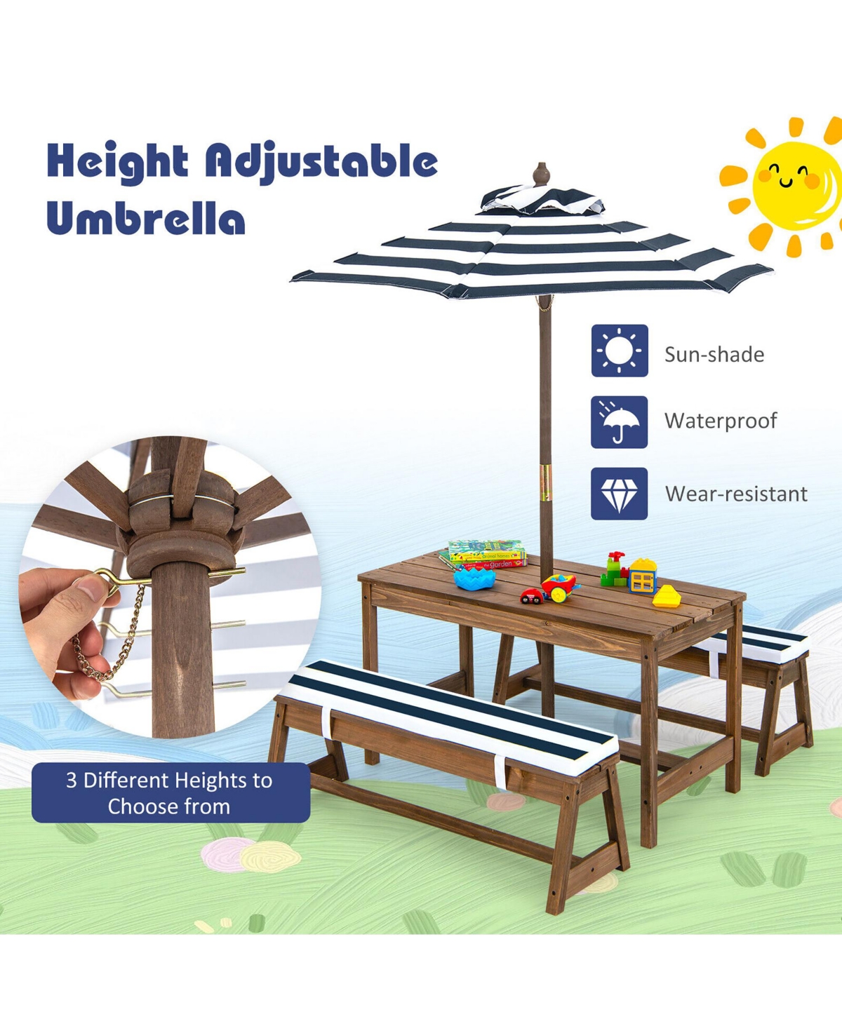 Gymax Kids Wood Picnic Table and Bench Set With Cushions Umbrella for Indoor Outdoor