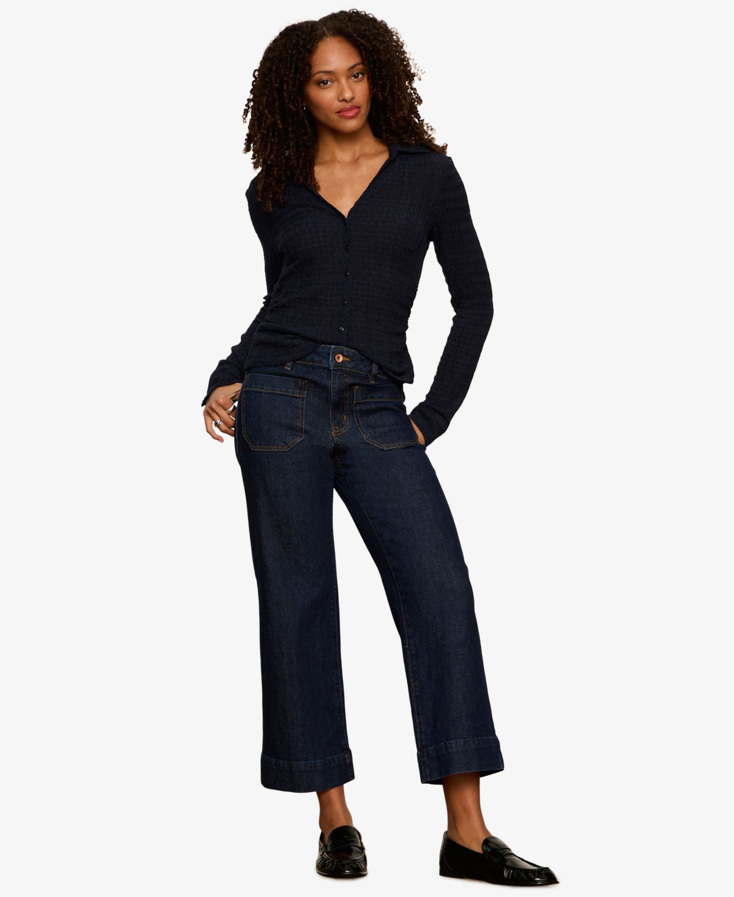 Petite Juno Textured Long-Sleeve Spread Collar Shirt