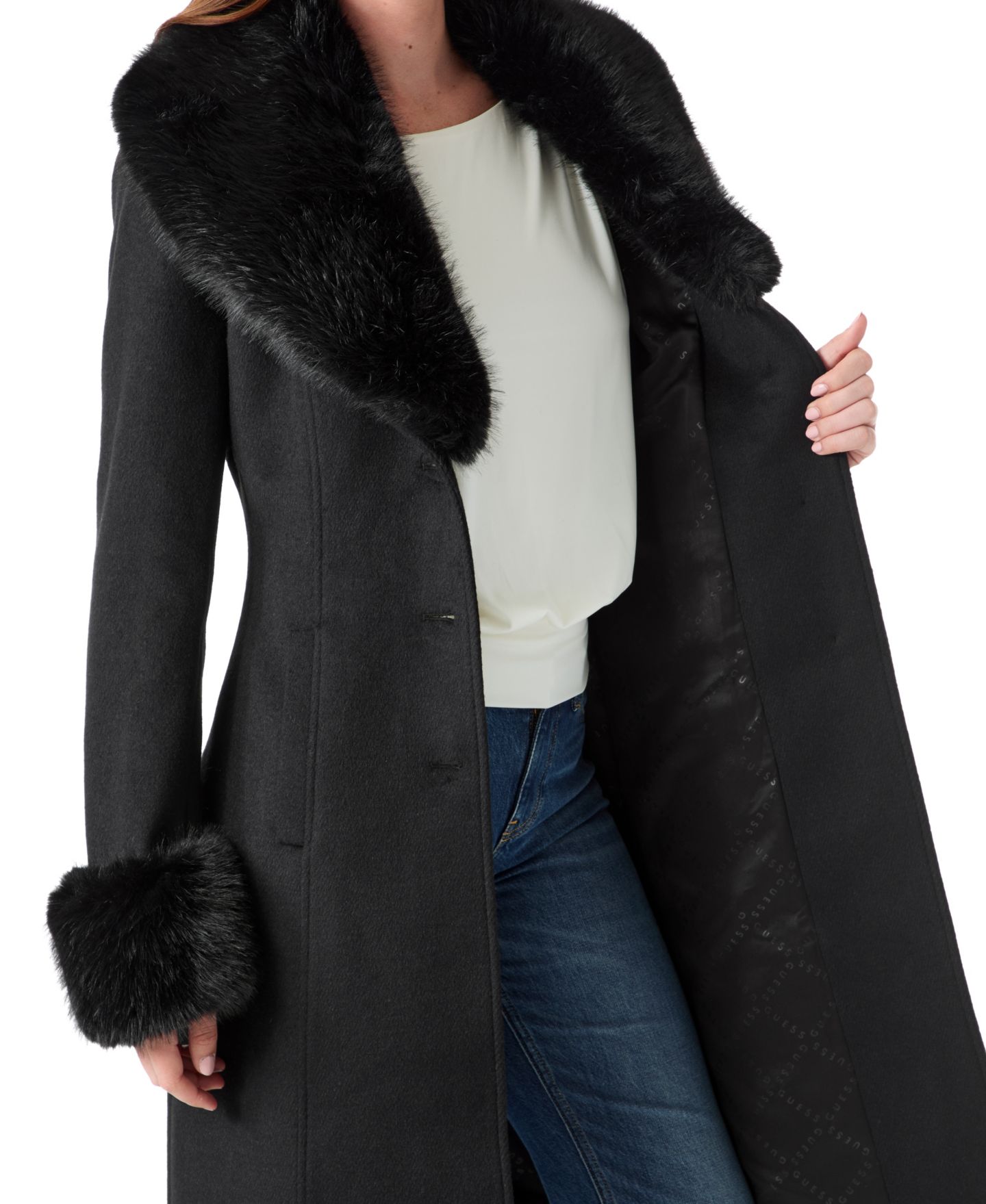 Женское пальто GUESS Faux-Fur Trimmed, цвет: Угольно-чёрный — фото 4