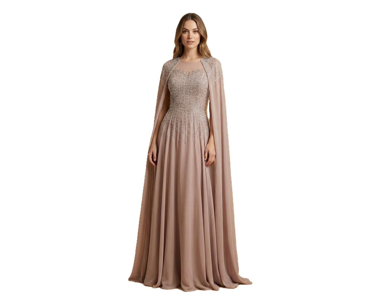Women's Chiffon A-line Long Gown with Long Cape Sleeves