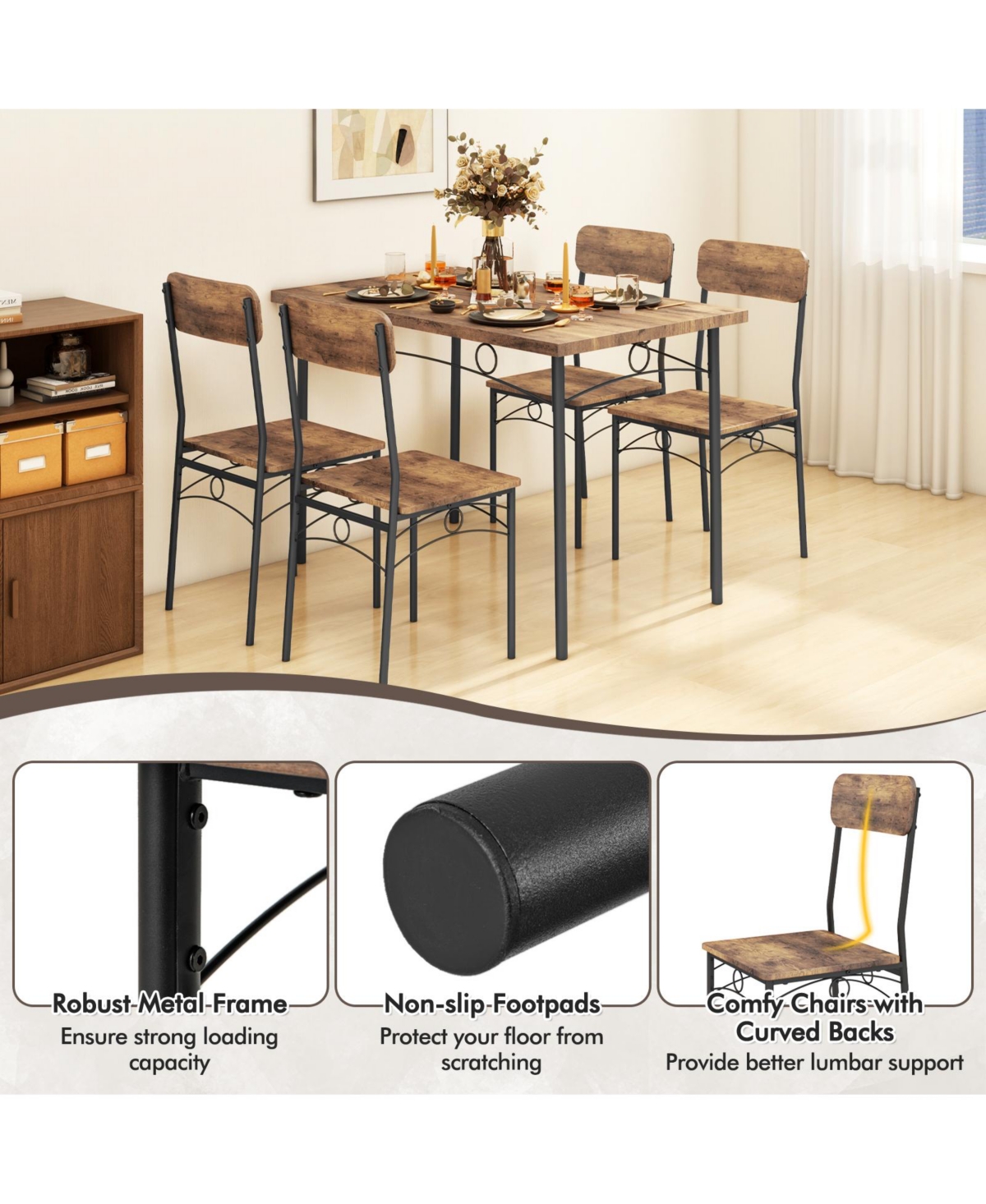 Sugift 5-Piece Industrial Dining Table Set for 4 for Small Place Apartment