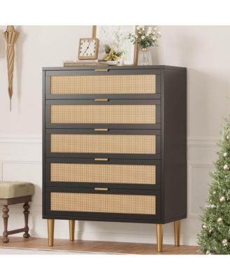 Rattan-Style 5-Drawer Tall Dresser with Gold Legs and Handles, Anti-Tip Storage Tower for Bedroom, Living Room, Hallway