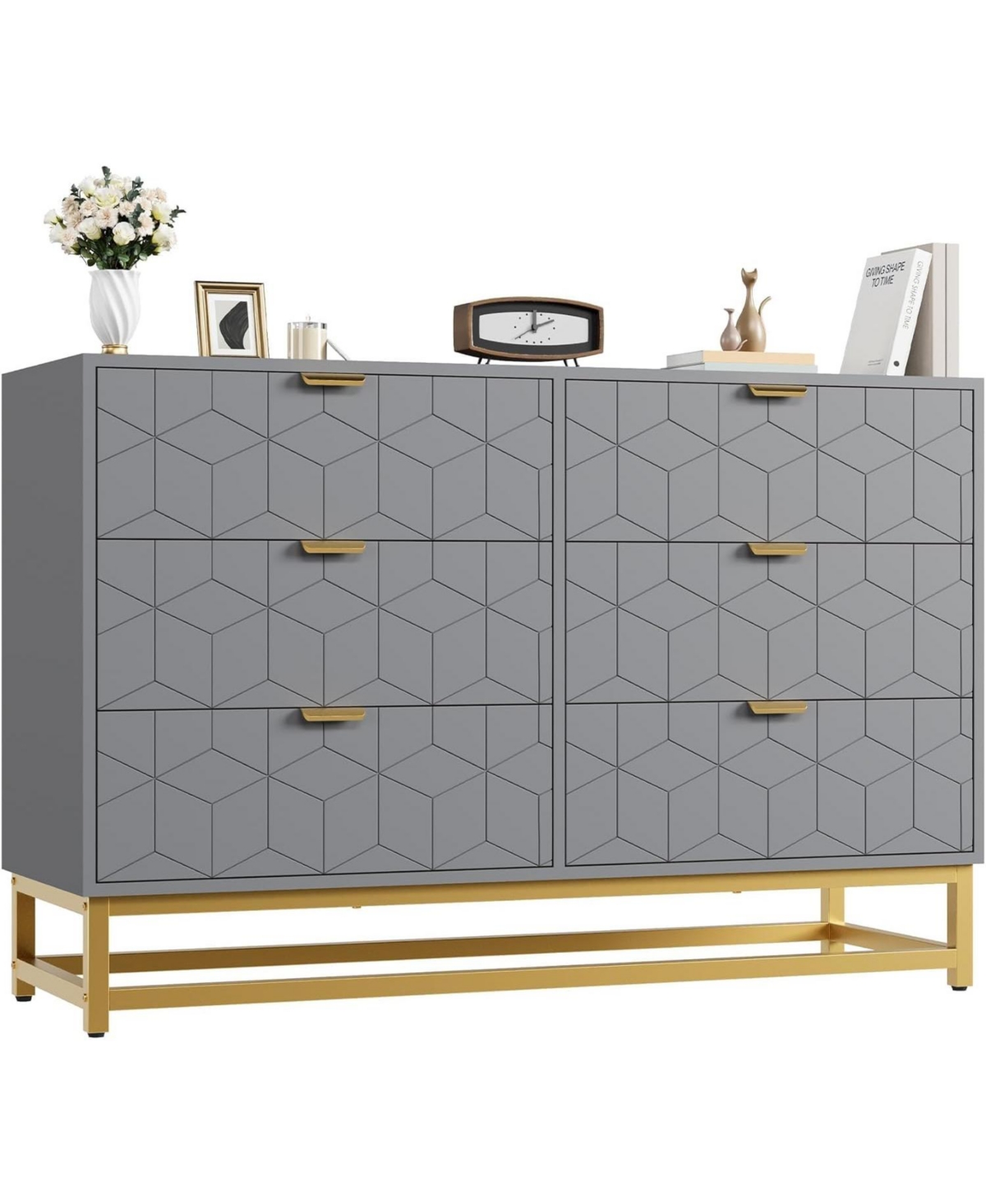gaomon Dresser for Bedroom, Modern 6 Drawer Double Dresser with Handles, Long Storage Organizer for Tv Stand and Closet, Large Chest of Drawers - Grey