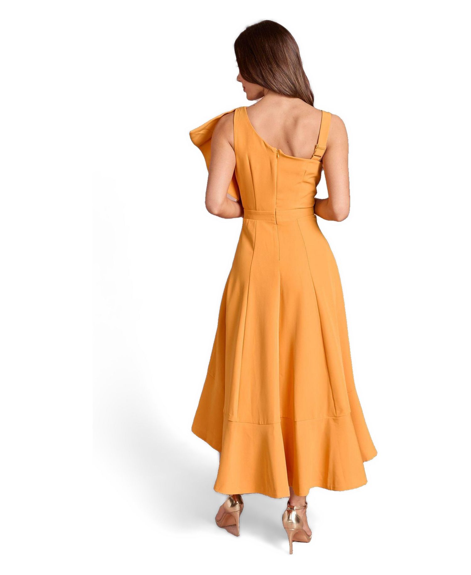 Women's One Shoulder Crepe Ruffle Midi Dress