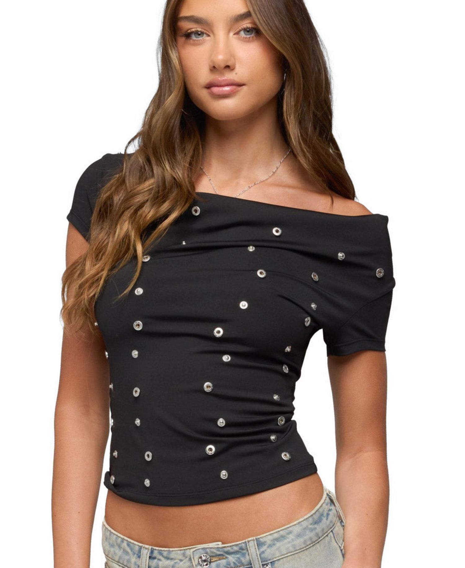 Womens Bijou Metal Snap Cowl Neck Top