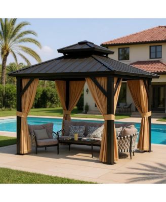 10inch x 10inch Hardtop Gazebo, Outdoor Permanent Gazebo with Galvanized Steel Double Roof, Aluminum Frame, Netting and Curtains for Patio