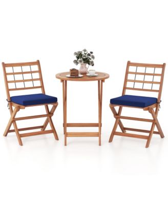 3 Piece Acacia Wood Patio Bistro Set Folding Outdoor Table and Chairs with Cushions