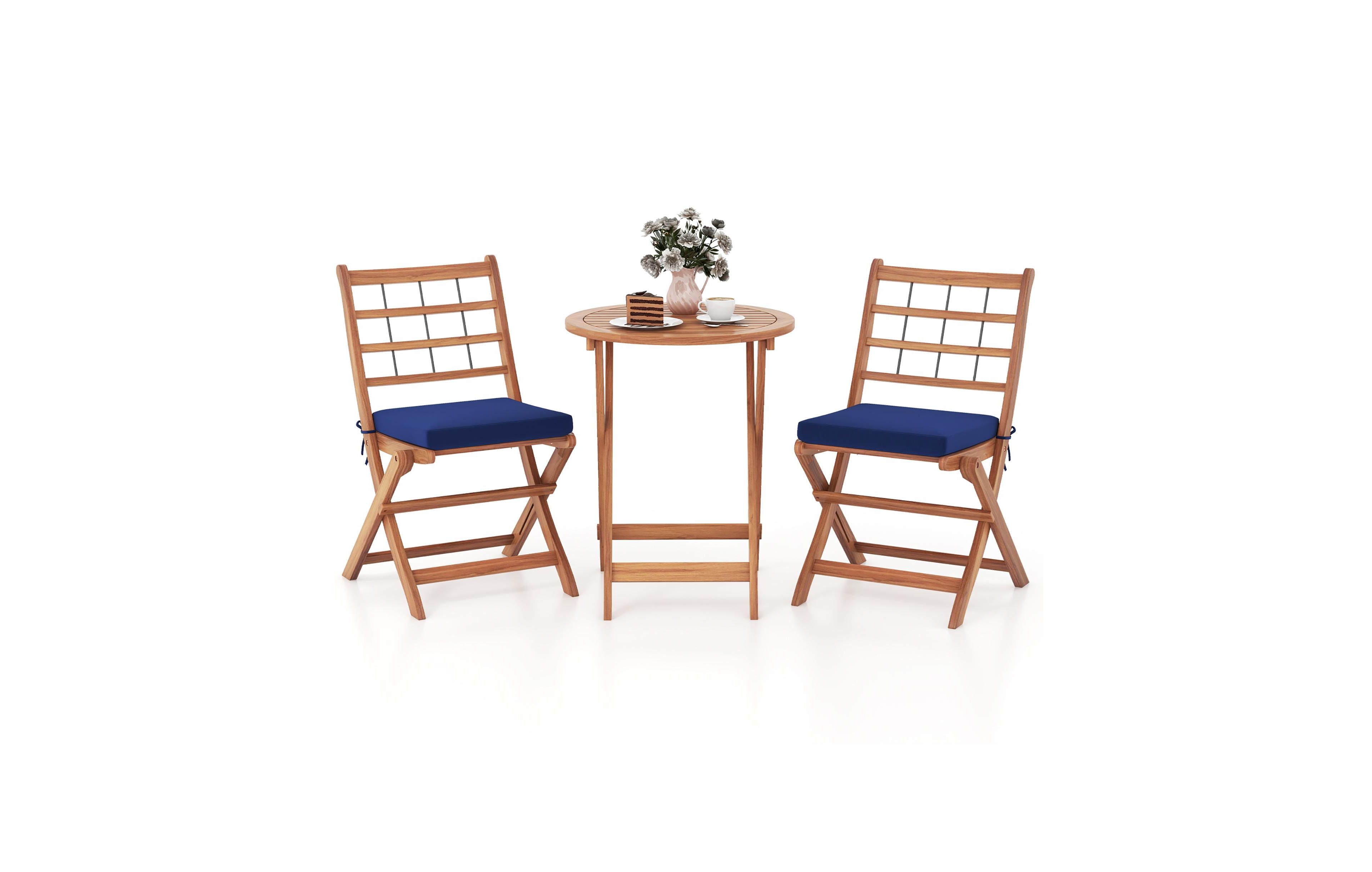 Gymax 3 Piece Acacia Wood Patio Bistro Set Folding Outdoor Table and Chairs with Cushions