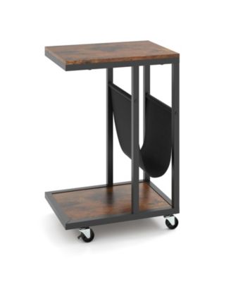 Metal Frame C-Shaped Side Table with Canvas Pocket for Living Room