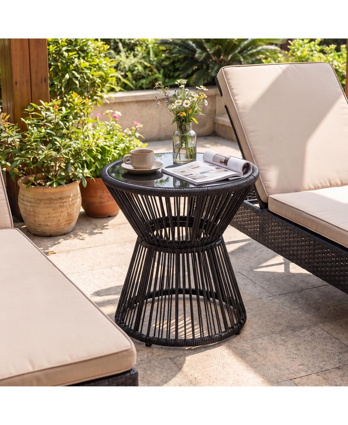 Gymax Outdoor Side Table with Led Warm Light Pe Rattan Hourglass-Shaped End Table