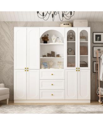 71-Inch Tall Separate Style Wardrobe with Glass -Armoire with Knobs | P-Shaped Storage Cabinet with Soft-Close Drawers and Doors