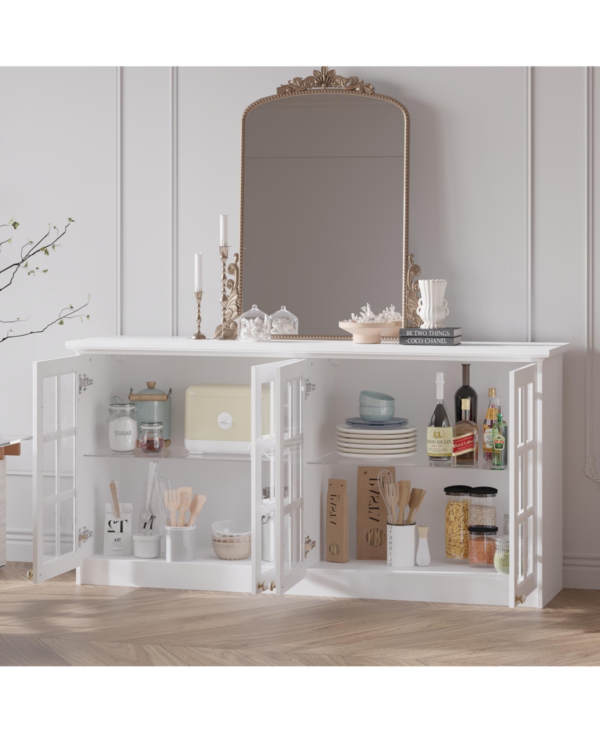 Homsee 63-Inch Wide Wall Mount Cabinet with Glass Doors 32-Inch Tall Storage Hutch Modern Kitchen Pantry or Bathroom Storage