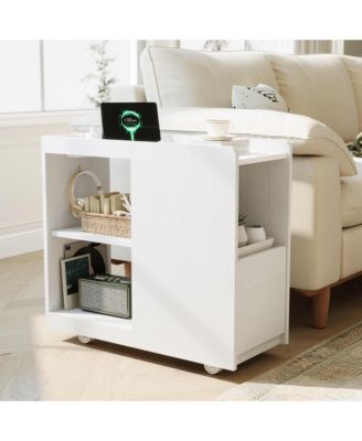 End Table with Charging Station, Mobile Side Table with Drawer and Adjustable Shelf, Locking Wheels Nightstand for Living Room or Bedroom