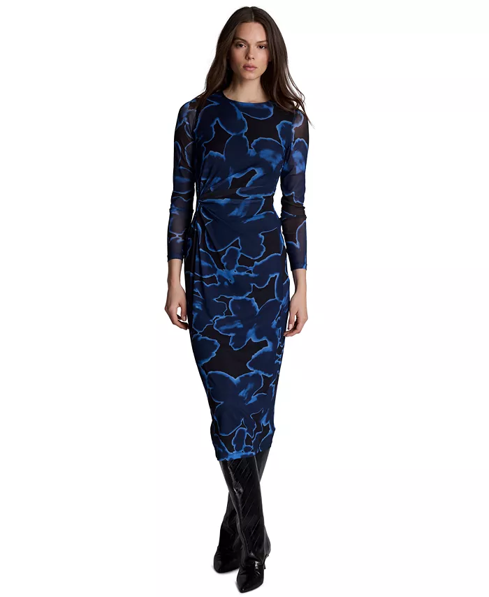 Women's Knot-Front Printed Mesh Midi Dress