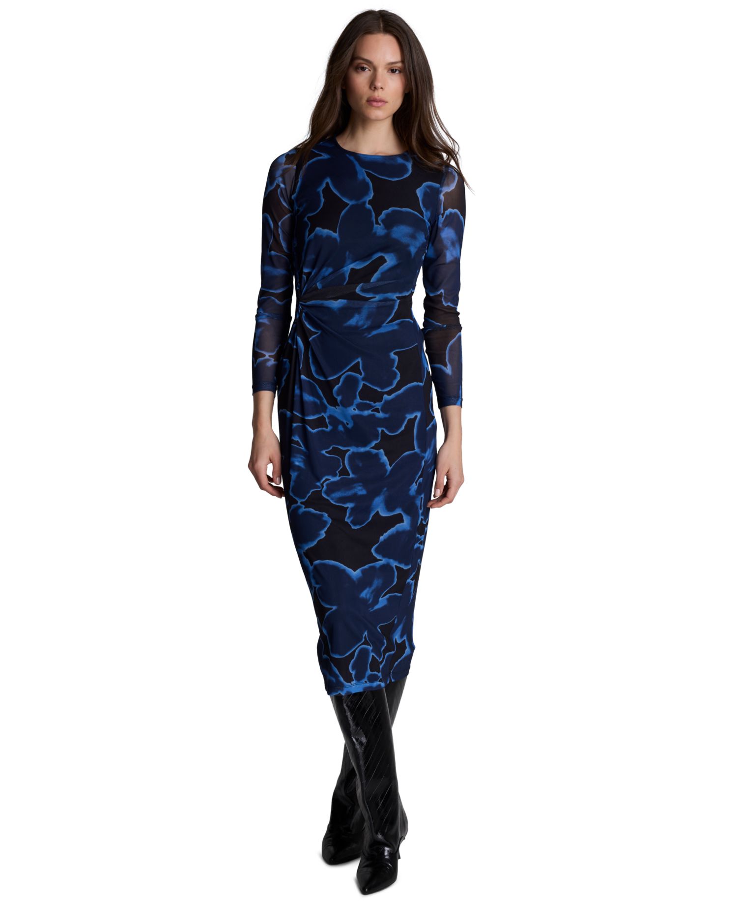 Women's Knot-Front Printed Mesh Midi Dress