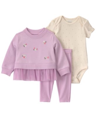 Baby Girls' Floral French Terry Layering Short-Sleeve Bodysuit, Sweatshirt and Pants, 3-Piece Set