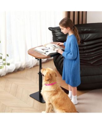 Wood Color C-Shaped Side Table - Height Adjustable Sofa Tray with Swivel and Heavy Metal Base for Eating on Couch or Bed