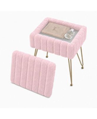 Vanity Stool with Storage, Faux Fur Ottoman with Metal Legs and Anti-Slip Feet, Soft Furry Padded Seat Foot Rest for Makeup