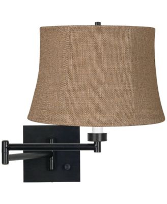 Farmhouse Swing Arm Wall Lamp Espresso Plug-in 12" Light Fixture Burlap Drum Shade for Bedroom Bedside