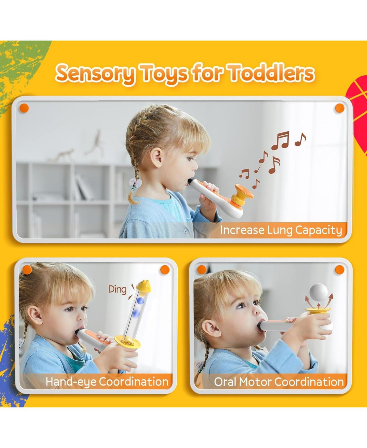 Детские игрушки TOP BRIGHT 3 in 1 Sensory Toys For Toddler with Whistle Ball Blowing Floating Blow Pipe Balls Fine Motor Skills Learning Toy For Kids, цвет: Белый — фото 3