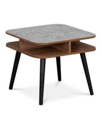 Modern Side Table with Faux Marble Top, Storage Shelves and Wood Legs
