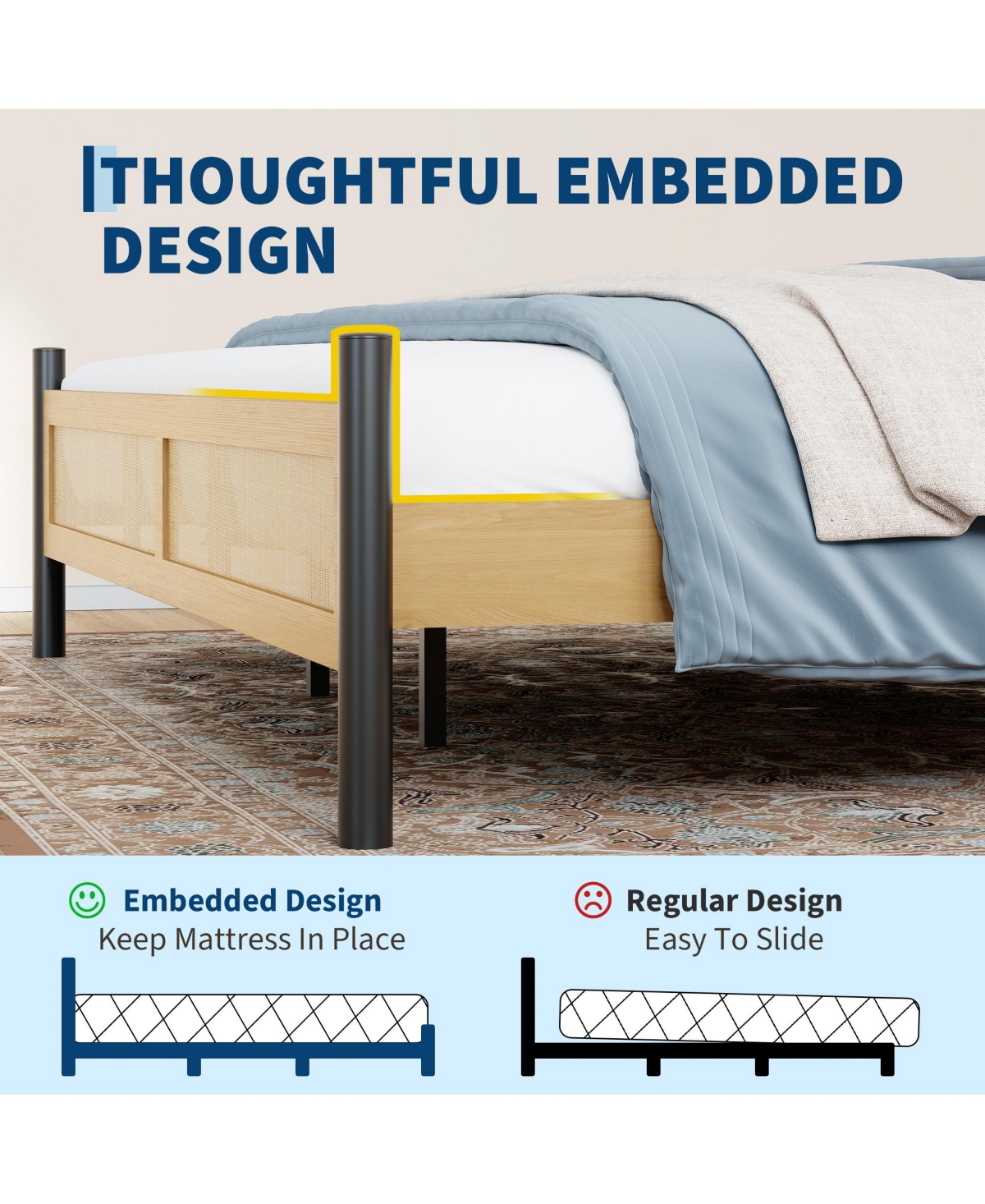 Rattan Platform Bed Frame, Wood Headboard with Black Metal Legs and Under Bed Storage for Bedroom