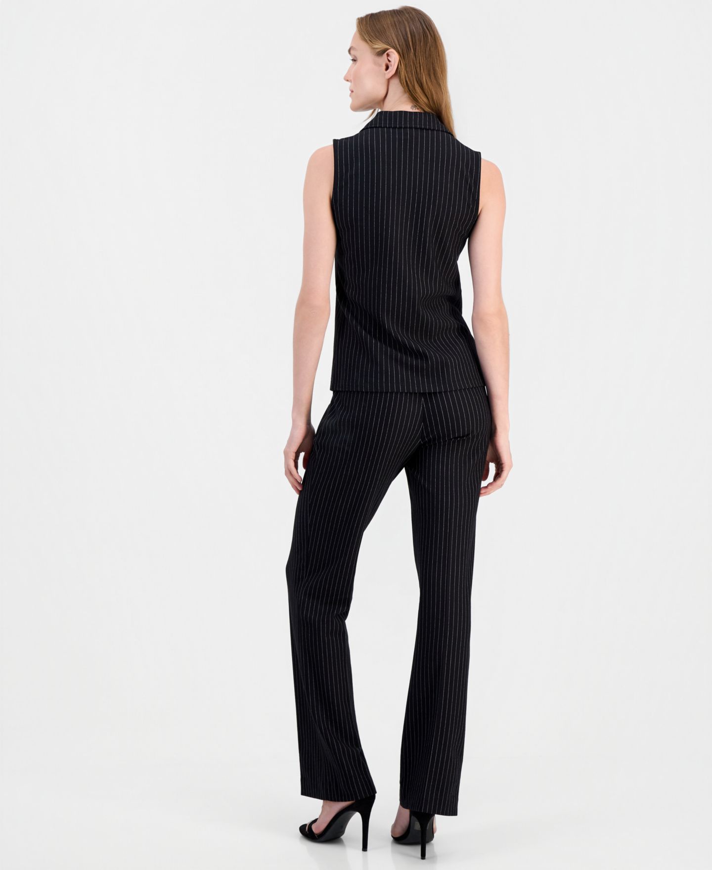 Женские комплекты Anne Klein Pinstriped Zip-Front Sleeveless Top & Mid Rise Pull-On Pants, цвет: Чёрный — фото 2