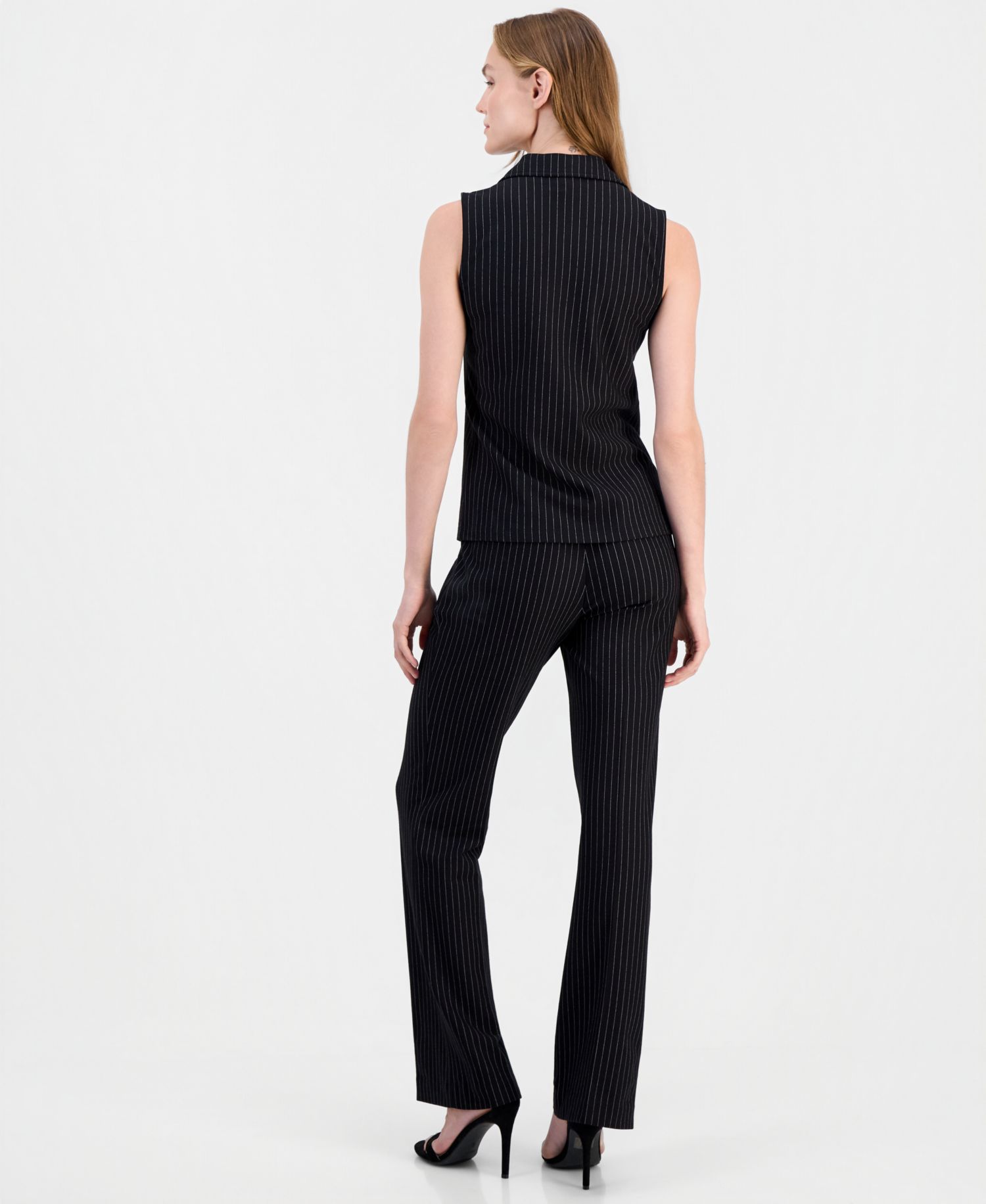 Women's Pinstriped Zip-Front Sleeveless Top & Mid Rise Pull-On Pants