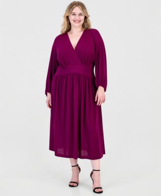 Plus Size Cross Long-Sleeve Fit & Flare Midi Dress
