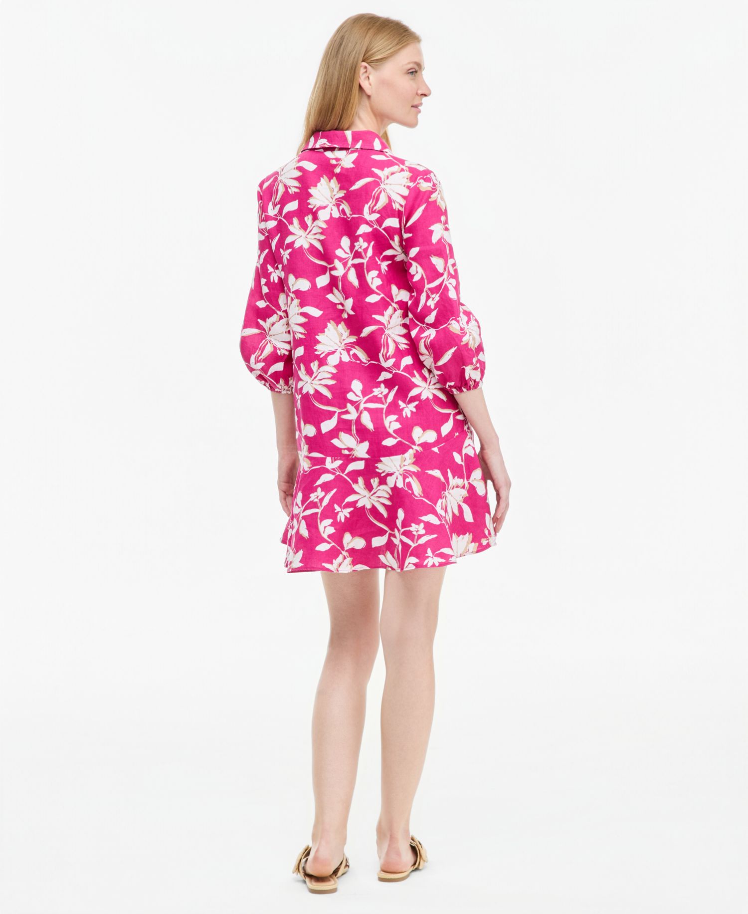 Plus Size 100% Linen Collared Flounce Dress