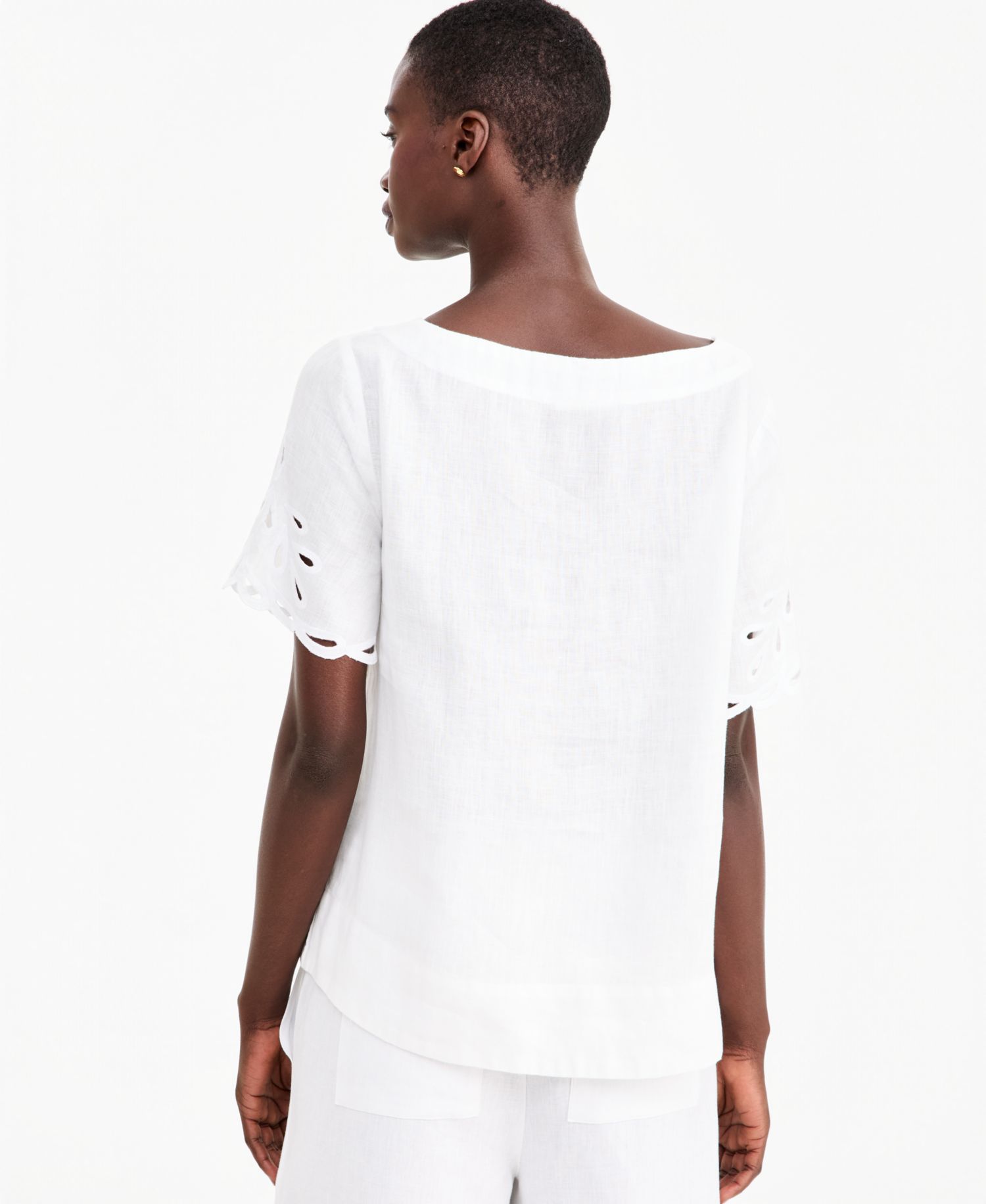 Women's Boat Neck Short Sleeve Scalloped-Edge Linen Blouse