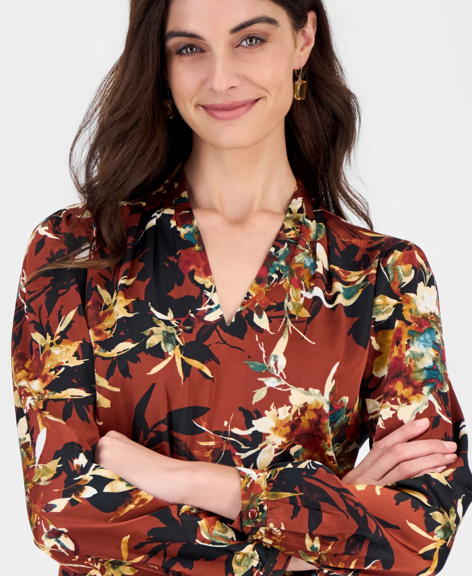 Women's Long-Sleeve Floral-Print V-Neck Blouse
