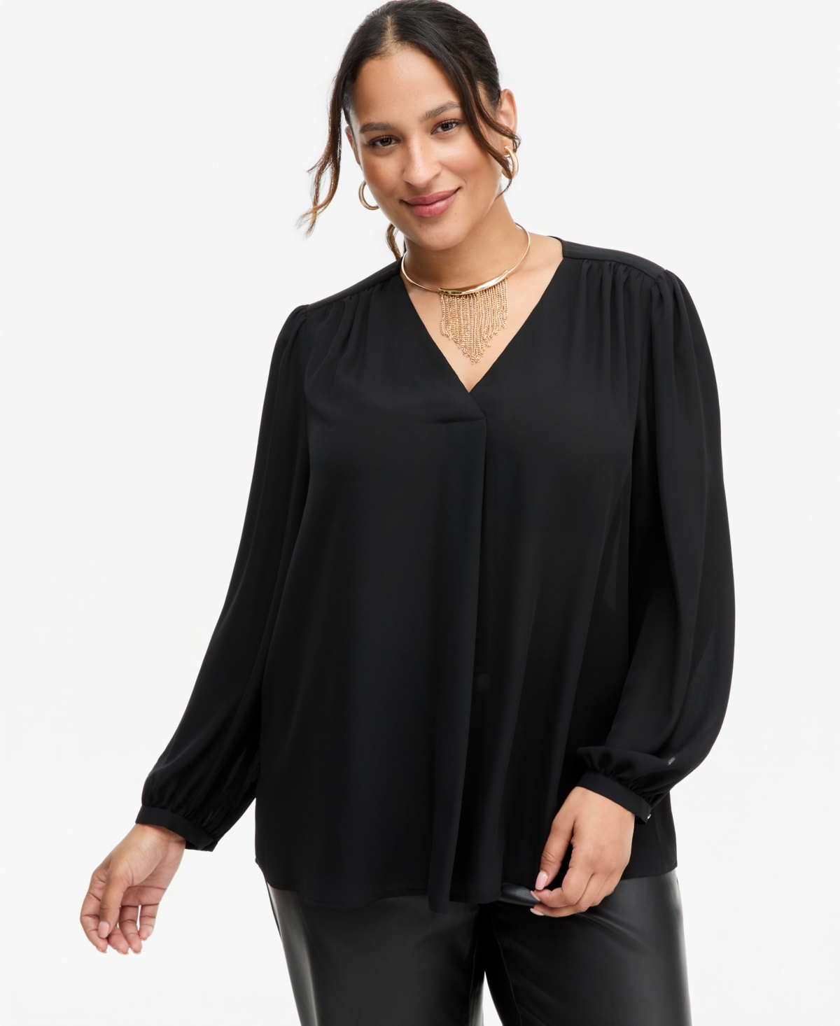 I.n.c. Plus Size Long-Sleeve V-Neck Pleated Blouse, Macy's Exclusive